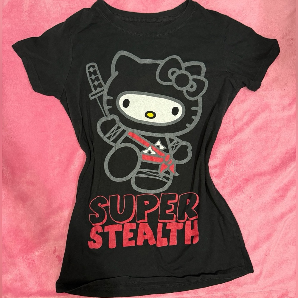 Hello Kitty Black Tee with Red & Gray Ninja Graphic